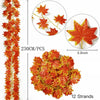 Artificial maple leaf garland featuring 12 strands of autumn red and orange leaves.