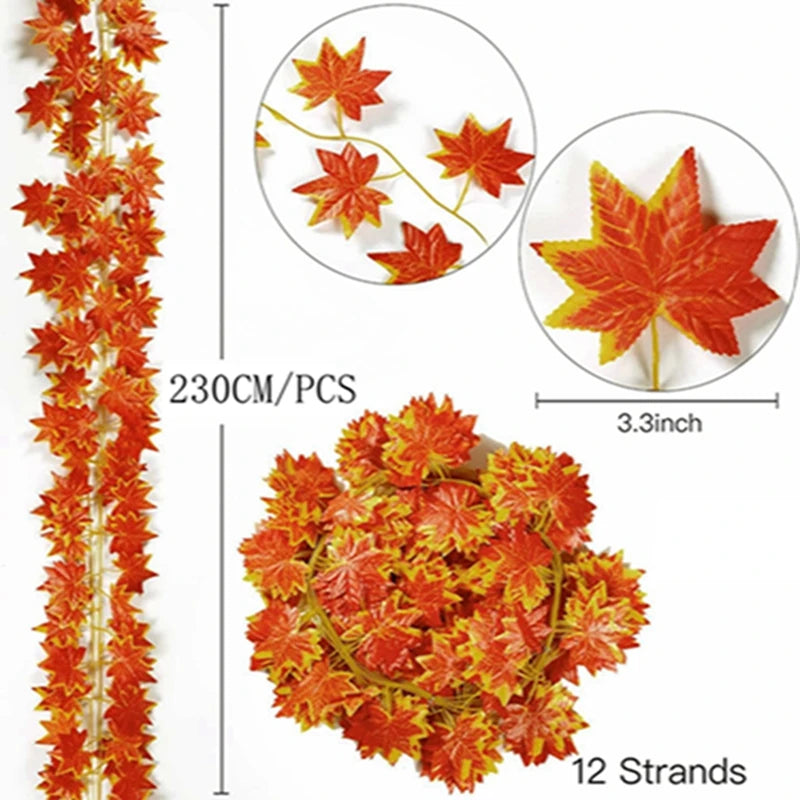 Artificial maple leaf garland featuring 12 strands of autumn red and orange leaves.