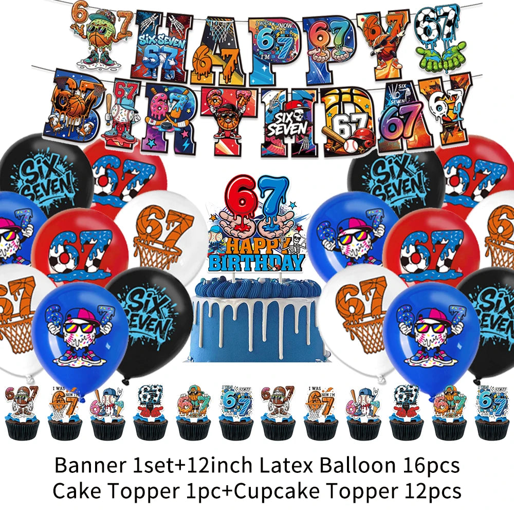 A banner set featuring colorful letters and numbers 6, 7, and birthday graphics for a party decoration kit