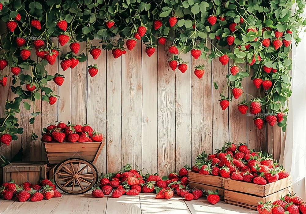 Üppiges grünes Erdbeerranken-Hintergrund mit frischen Erdbeeren und Holzelementen.