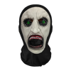 A realistic horror mesh balaclava mask with pale skin, intense green eyes, and bared teeth.