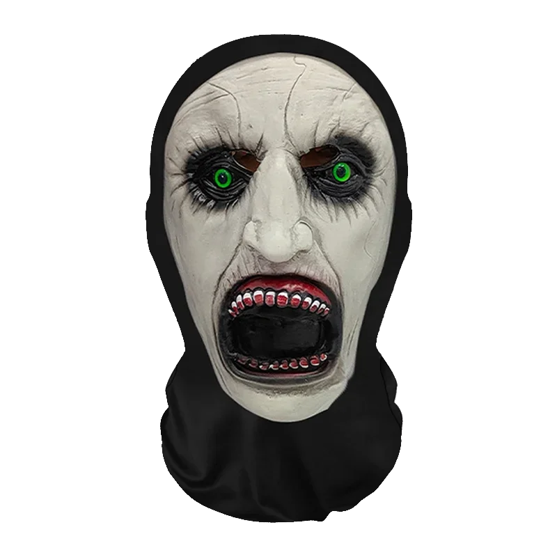 A realistic horror mesh balaclava mask with pale skin, intense green eyes, and bared teeth.