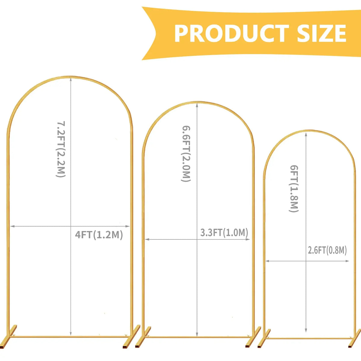 Diagram showing the sizes of three gold metal arched wedding backdrop stands with various heights and widths.