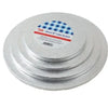 A stack of round silver cake boards with a blue checkered label.