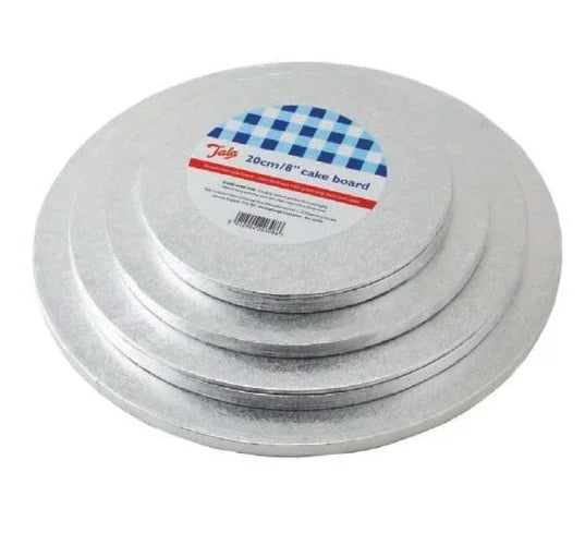 A stack of round silver cake boards with a blue checkered label.