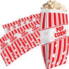 A vertical red and white striped bag of popcorn is shown next to a stack of similar bags.