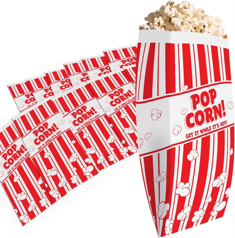 A vertical red and white striped bag of popcorn is shown next to a stack of similar bags.