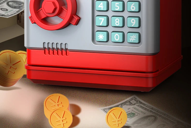 A red and silver password saving piggy bank with a keypad and gold coins on a surface.