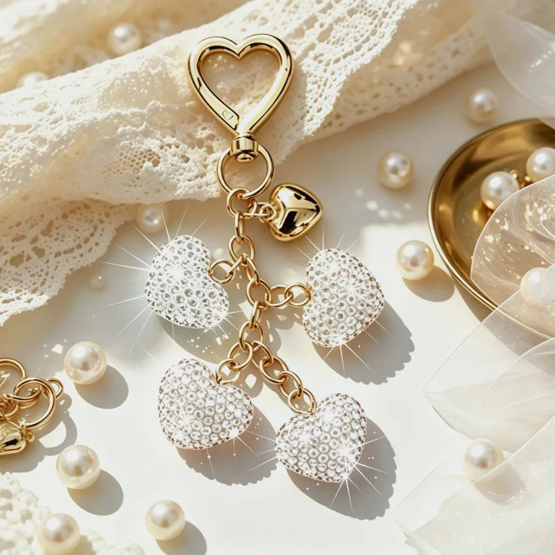 Gold heart-shaped rhinestone keychain and bag charm resting on white lace fabric with pearls