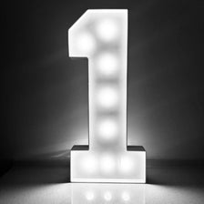 A bright white marquee number sign displaying the numeral one, illuminated by multiple bulbs.