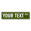 A rectangular olive green sign with the text YOUR TEXT and a smaller word TEXT on the right.