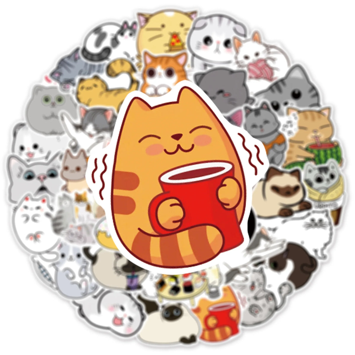 A circular arrangement of various funny cartoon cat stickers and illustrations.