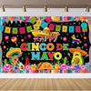 A vibrant banner featuring a Mexican carnival theme with colorful bunting, festive decorations, and the text HAPPY CINCO DE M