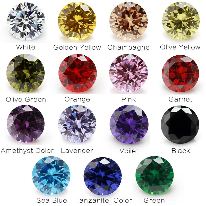 A collection of loose round cut cubic zirconia stones in various colors including white, yellow, champagne, olive green, oran