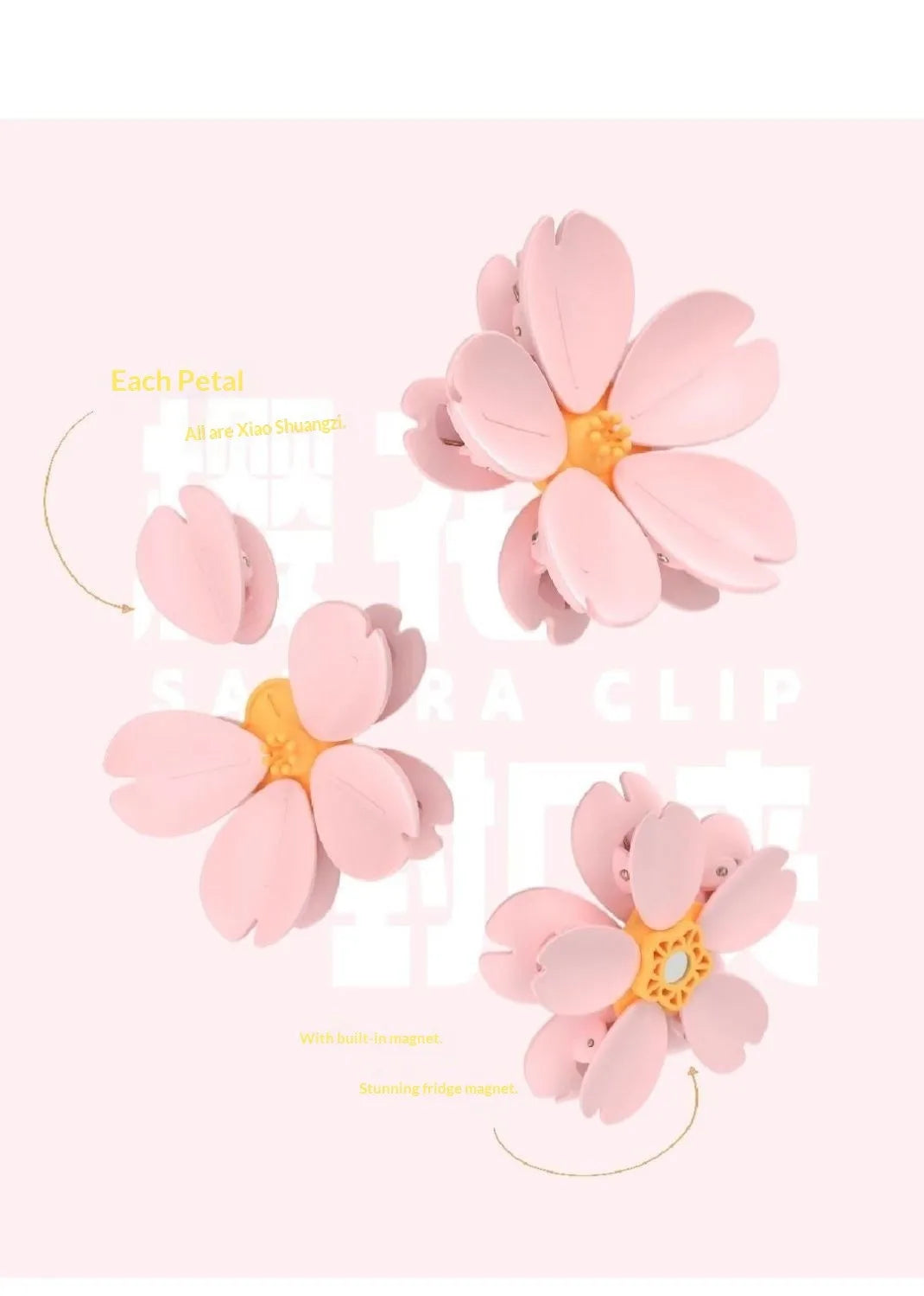 Pink magnetic cherry blossom sealing clips with five petals shown in a close-up view