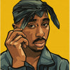 A portrait of Tupac wearing a blue bandana and a collared shirt against a yellow background.
