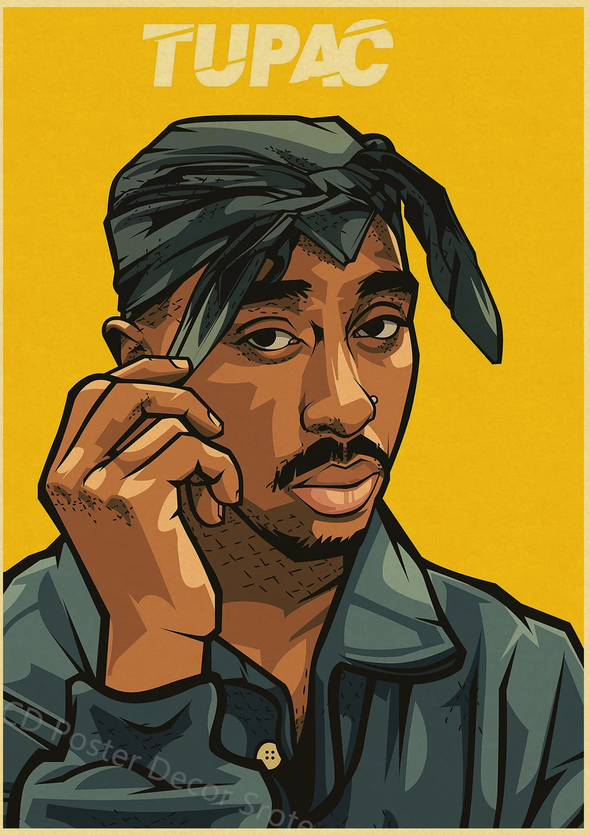 A portrait of Tupac wearing a blue bandana and a collared shirt against a yellow background.