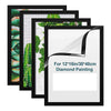 A set of framed diamond painting displays featuring vibrant green and yellow floral patterns.