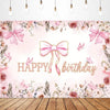 A pink floral backdrop banner featuring delicate pink bows and the text Happy Birthday