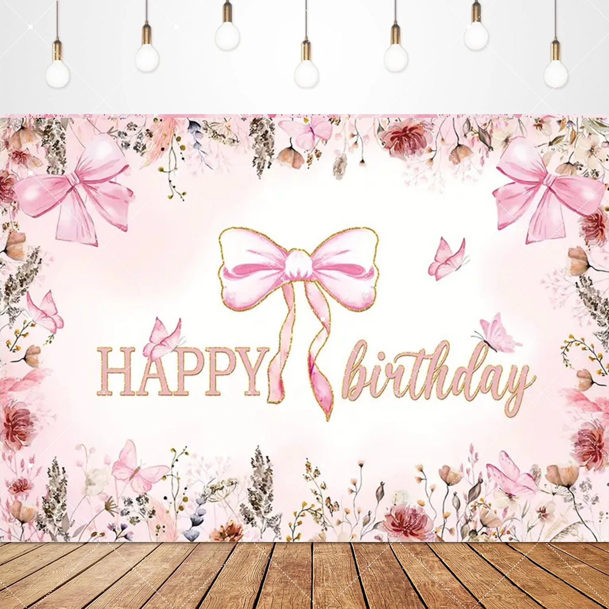 A pink floral backdrop banner featuring delicate pink bows and the text Happy Birthday