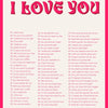 A list of 50 ways to say I love you written in pink text on a white background.