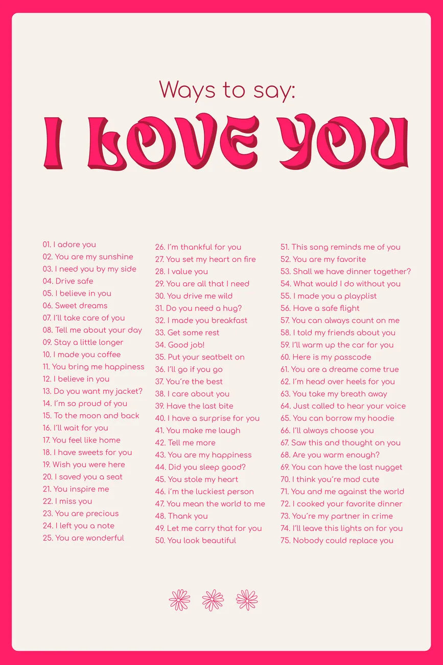 A list of 50 ways to say I love you written in pink text on a white background.