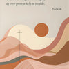 Soft watercolor landscape featuring rolling hills and a rising sun with the text Psalm 46