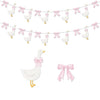 A pink bowknot garland featuring white goose figures for parties.