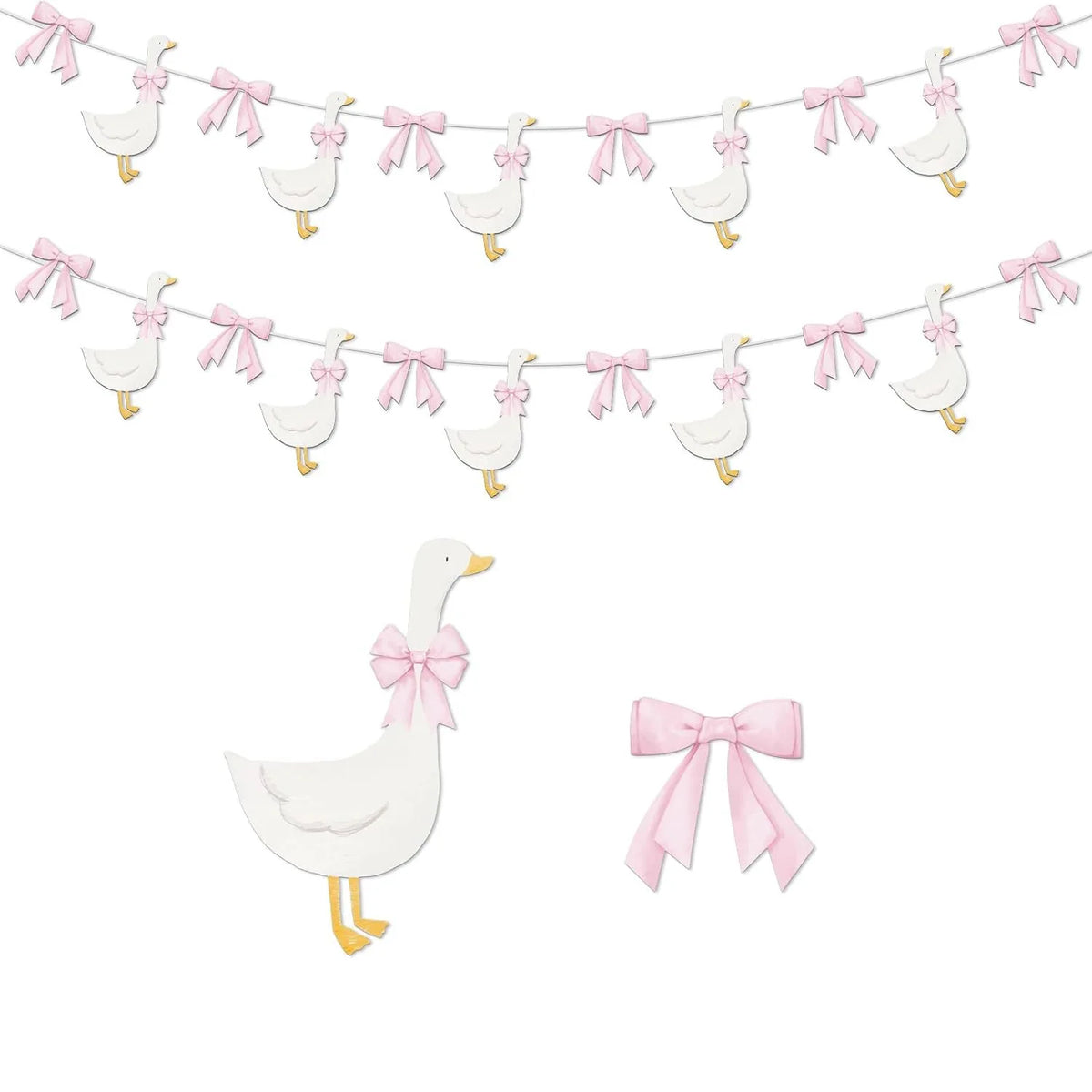A pink bowknot garland featuring white goose figures for parties.
