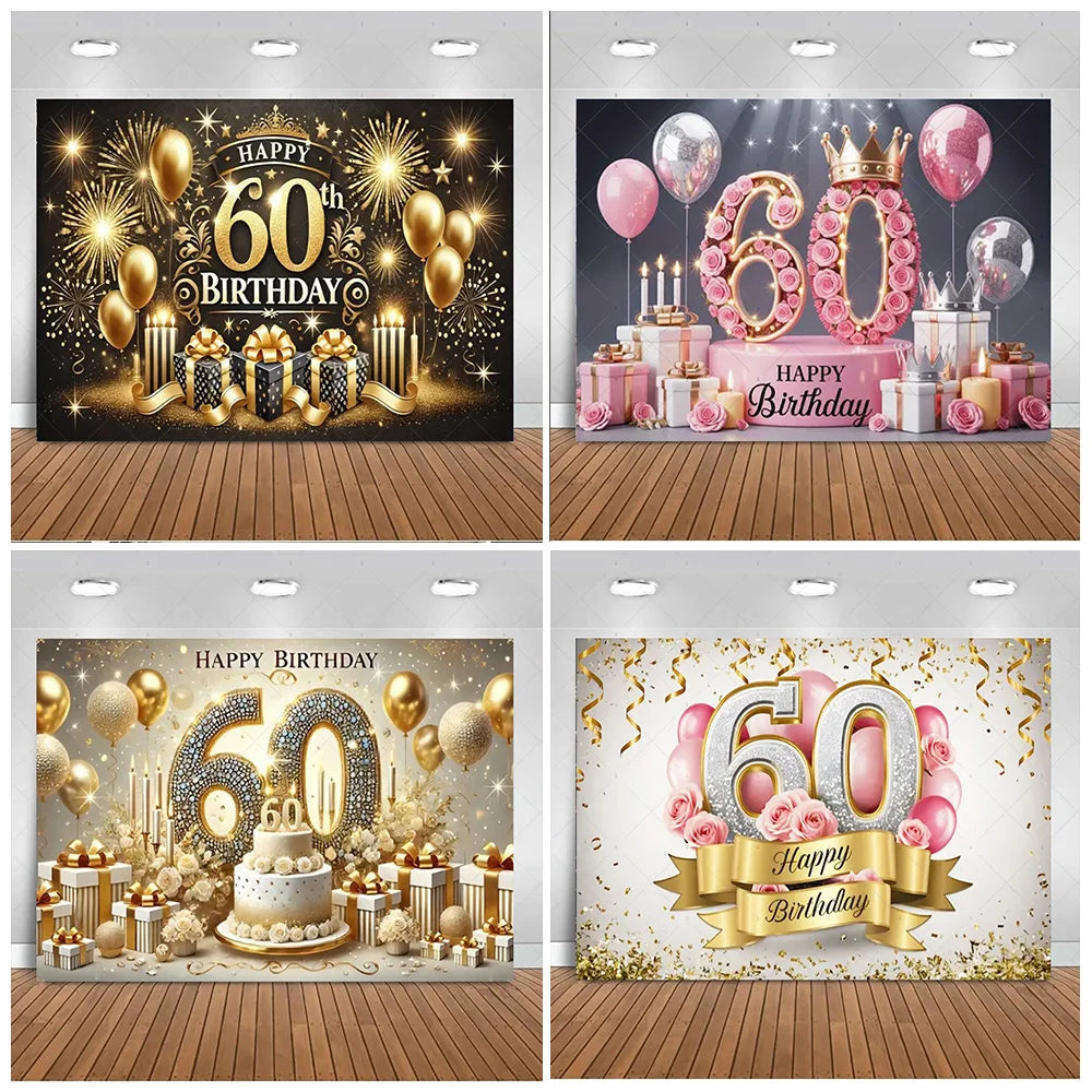 A photo booth backdrop featuring gold, black, and pink balloons and a large '60' in glitter for a 60th birthday celebration.