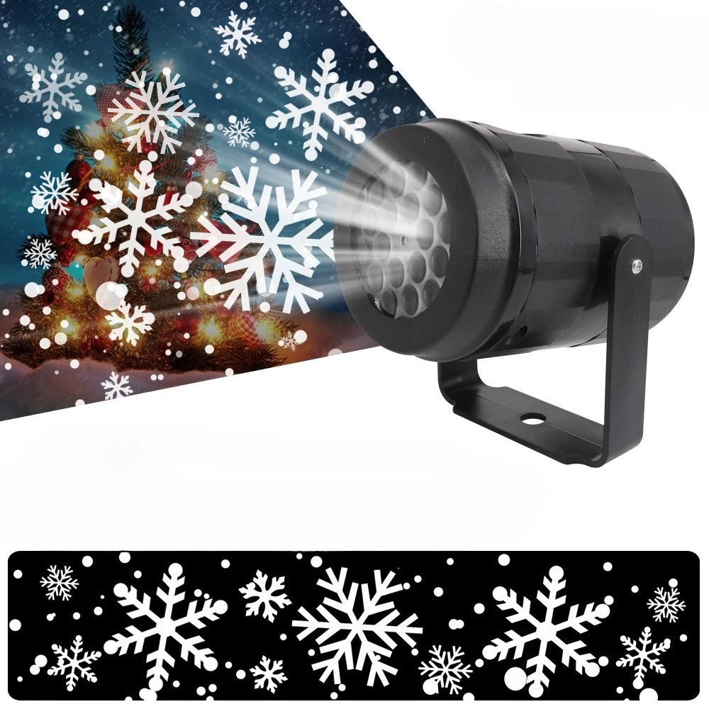 Outdoor LED projector light featuring white snowflakes and festive patterns on a dark background