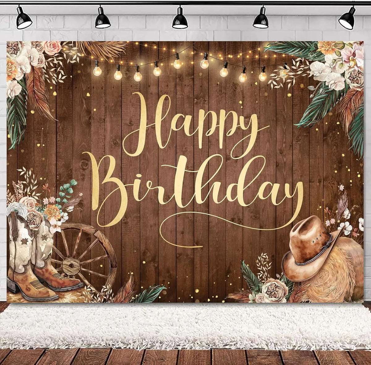 A rustic wooden backdrop featuring a western theme with gold lettering and floral accents.