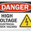A rectangular warning sign with a black background and red oval reading DANGER, followed by text indicating HIGH VOLTAGE and 