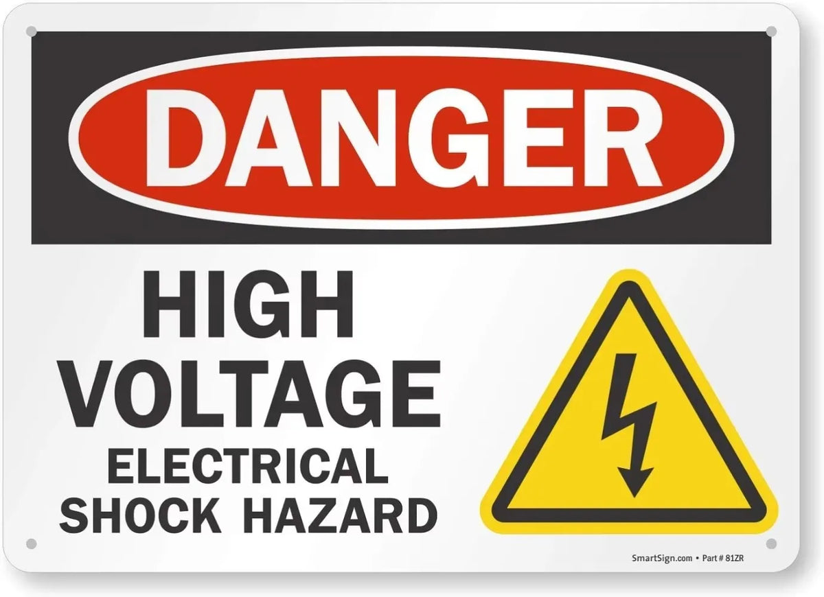 A rectangular warning sign with a black background and red oval reading DANGER, followed by text indicating HIGH VOLTAGE and 
