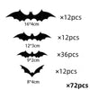Various sizes of black bat wall stickers for Halloween decor, including 12 pieces of 16x4cm, 12 pieces of 12x3cm, 36 pieces o
