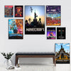A collection of nine vibrant Minecraft themed wall art posters featuring various scenes and characters.
