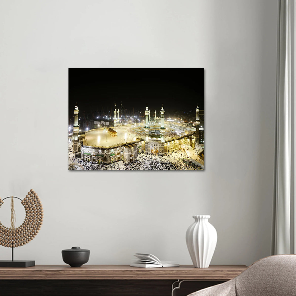 Canvas wall art depicting the Kaaba and Al Masjid An Nabawi at night.