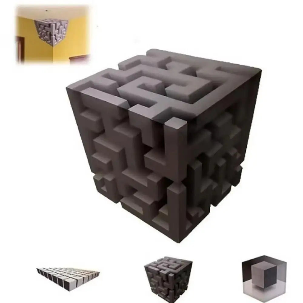 A dark gray, three-dimensional cube with an impossible maze pattern, shown alongside a wall decal example.