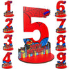 A set of wooden spider-themed birthday number signs from one to nine in red and blue.