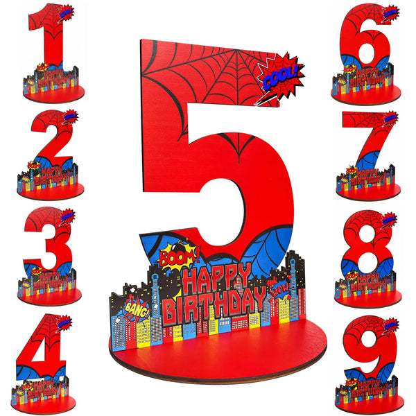 A set of wooden spider-themed birthday number signs from one to nine in red and blue.