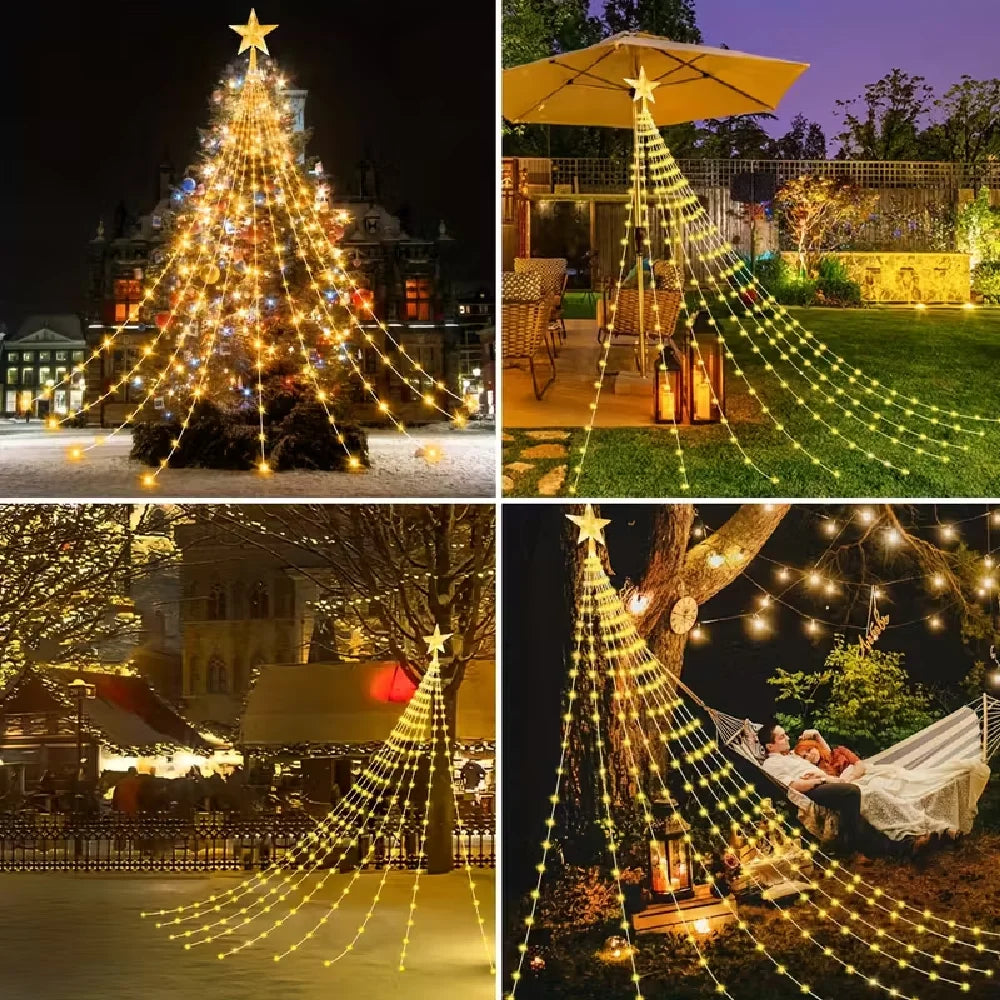 Various scenes showing solar-powered star waterfall lights illuminating Christmas trees, outdoor spaces, and trees.