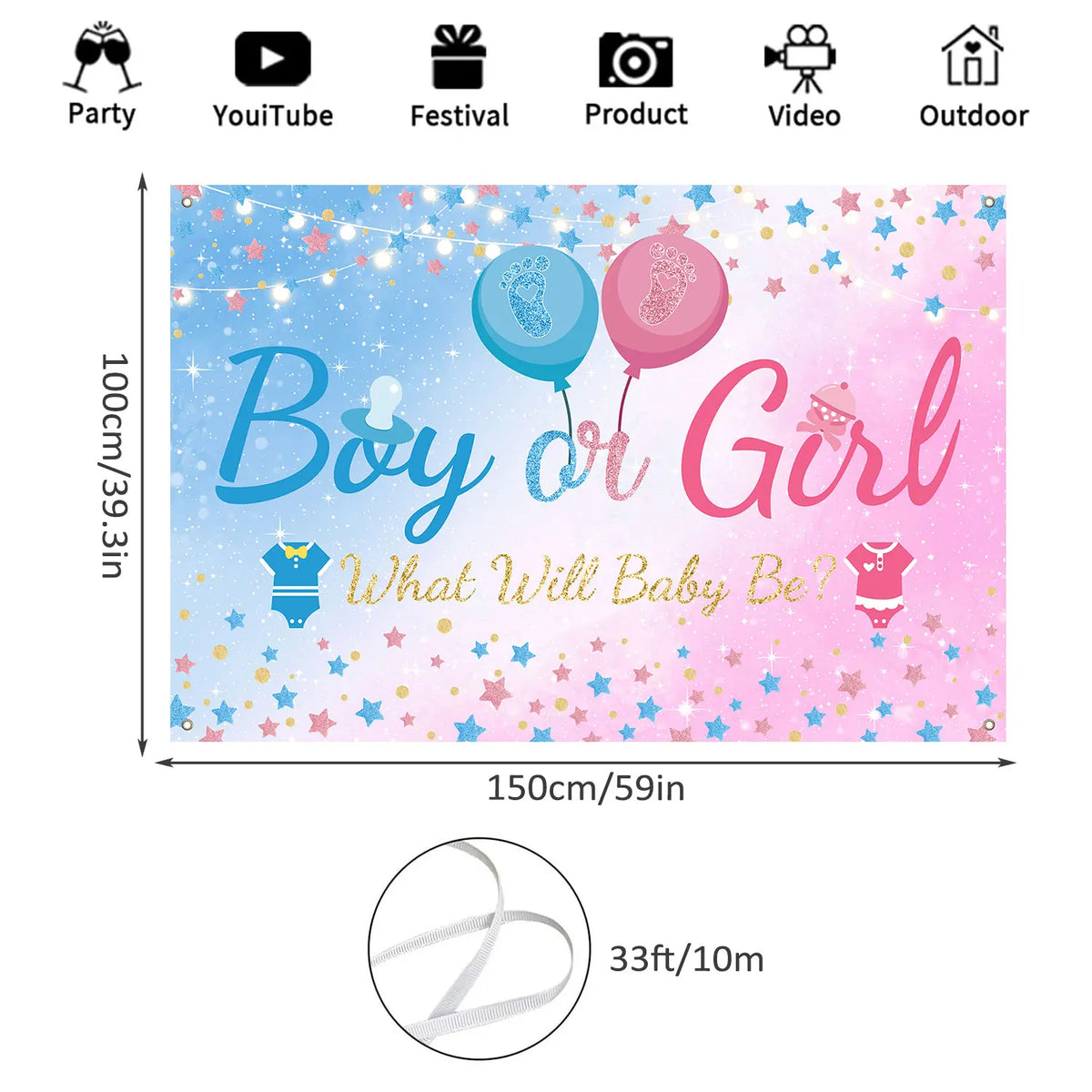 Rosa und blaues Gender-Reveal-Hintergrund mit Ballons und Sternen für Jungen oder Mädchen.
