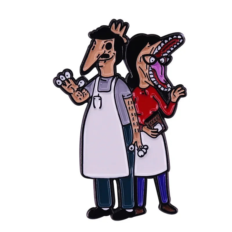 An enamel pin badge featuring a cartoon character with a large mouth and exaggerated features.