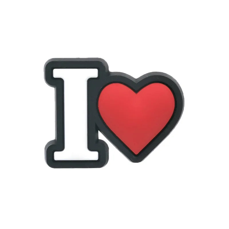 Charm letter I black with red heart shape on white background