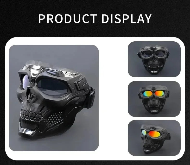 Product display showing a black skull full face motorcycle and bicycle mask with a windproof lens.