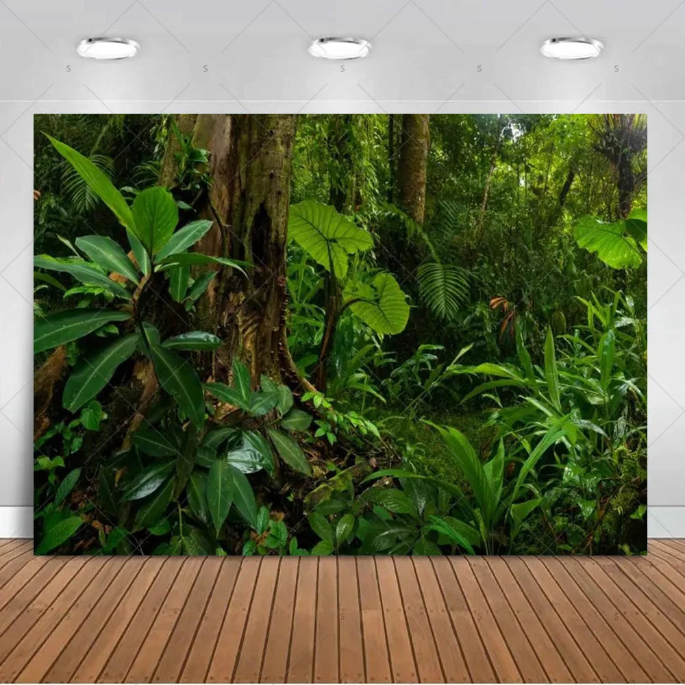 A lush, dense tropical jungle scene featuring large green leaves and tree trunks for backdrop decor.
