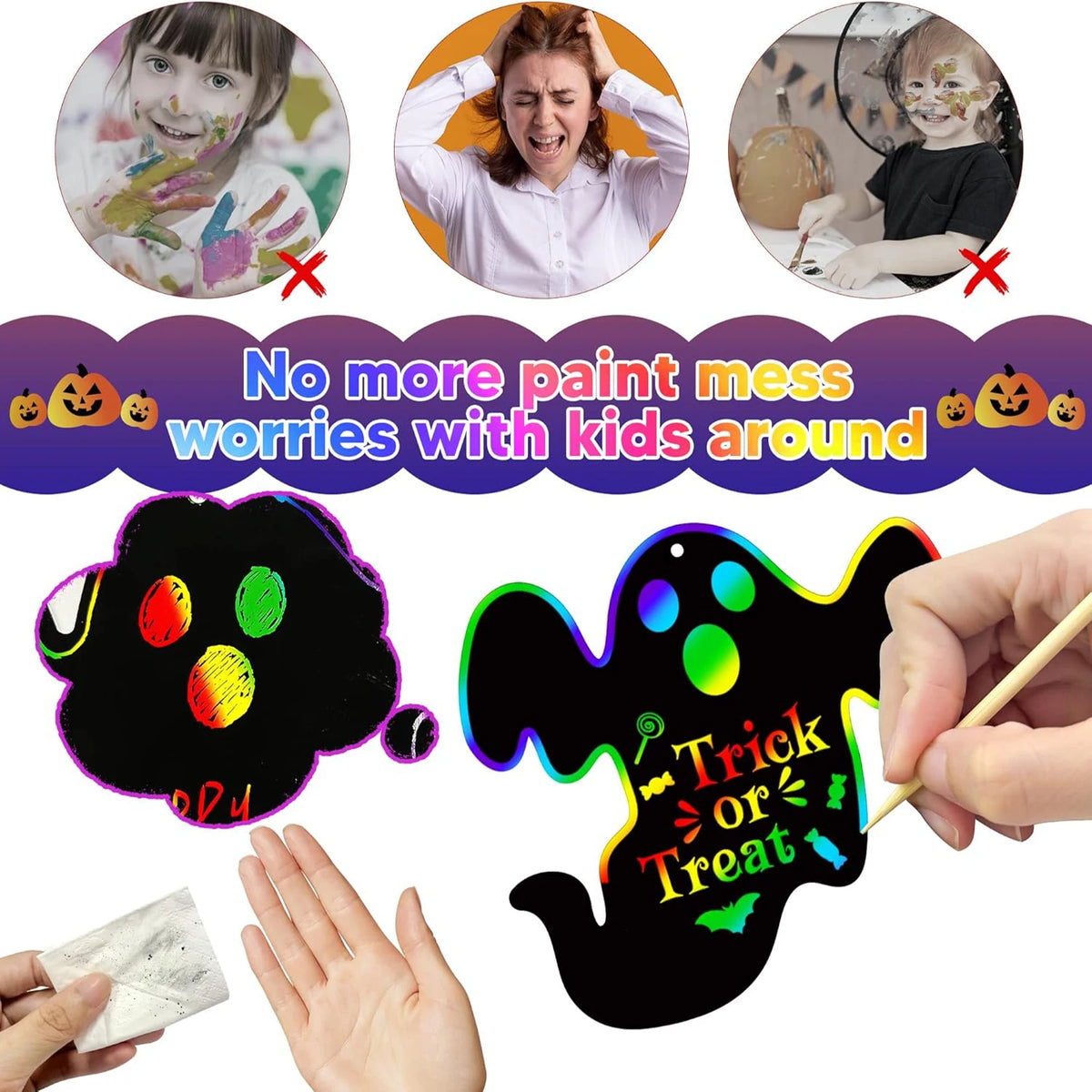 A set of Halloween rainbow scratch art cards for kids featuring paint mess warnings and a black spooky monster design.