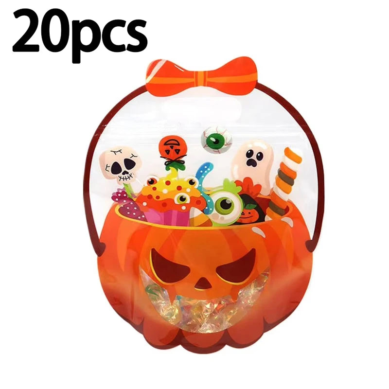A Halloween pumpkin shaped bag filled with various witch-themed treats and accessories.