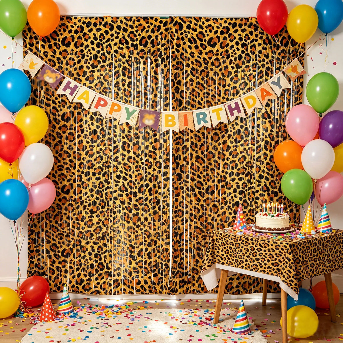 Geburtstagshintergrund mit Leopardenmuster-Vorhang, Glückwunschnach und bunten Ballons.