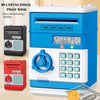 A blue and white multifunctional piggy bank with a digital keypad and a coin slot is shown next to a red version.